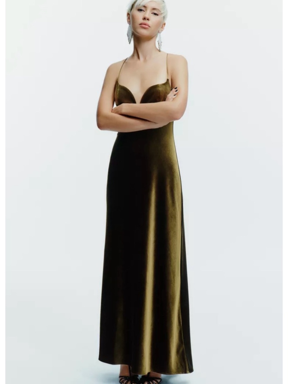 New Zara Olive Green Velvet Slip Gown - Spaghetti Strap Maxi - Picture 1 of 3